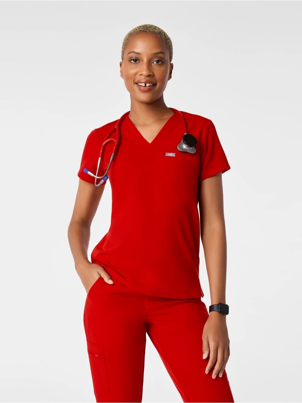 Figs Catarina One-Pocket Scrub Top - Winning Red